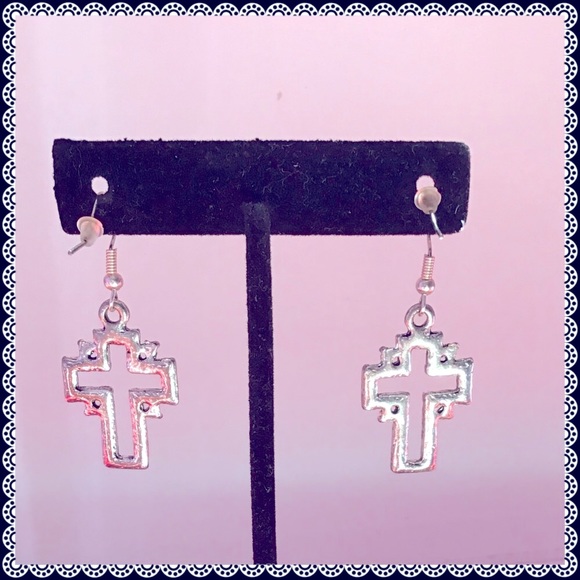 1 1/8” Artisan Crafted SilverTone Crosses on Sterling Silver EarWires - Picture 2 of 3